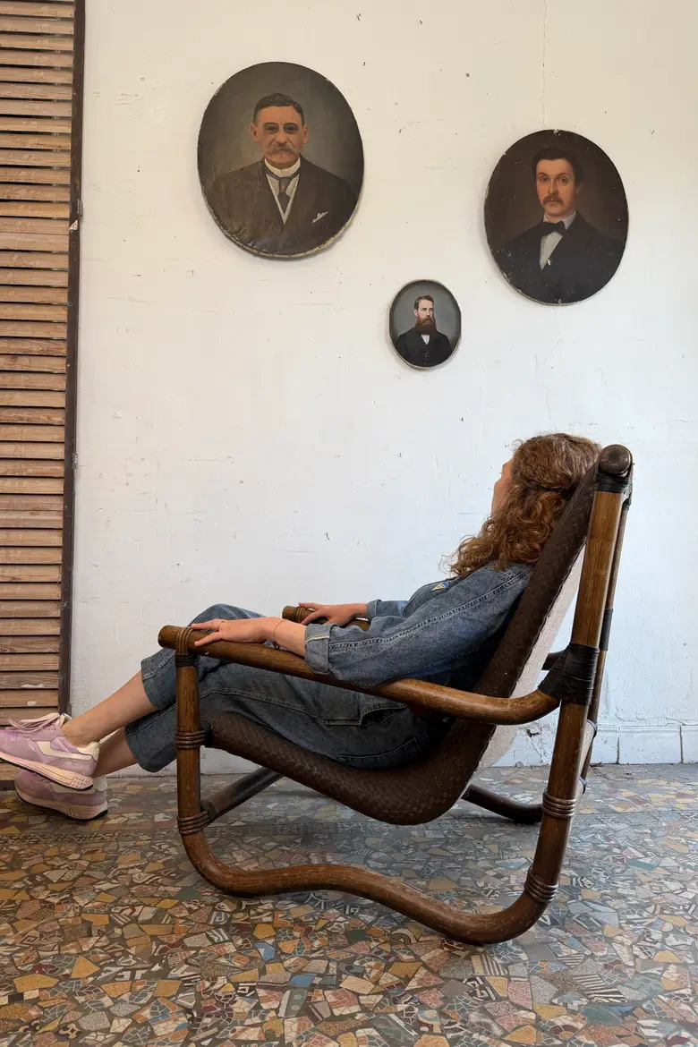 Fauteuil en bambou et cuir tressé – années 70