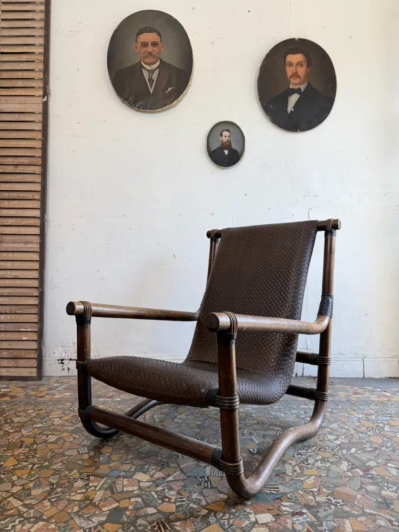 Fauteuil en bambou et cuir tressé – années 70
