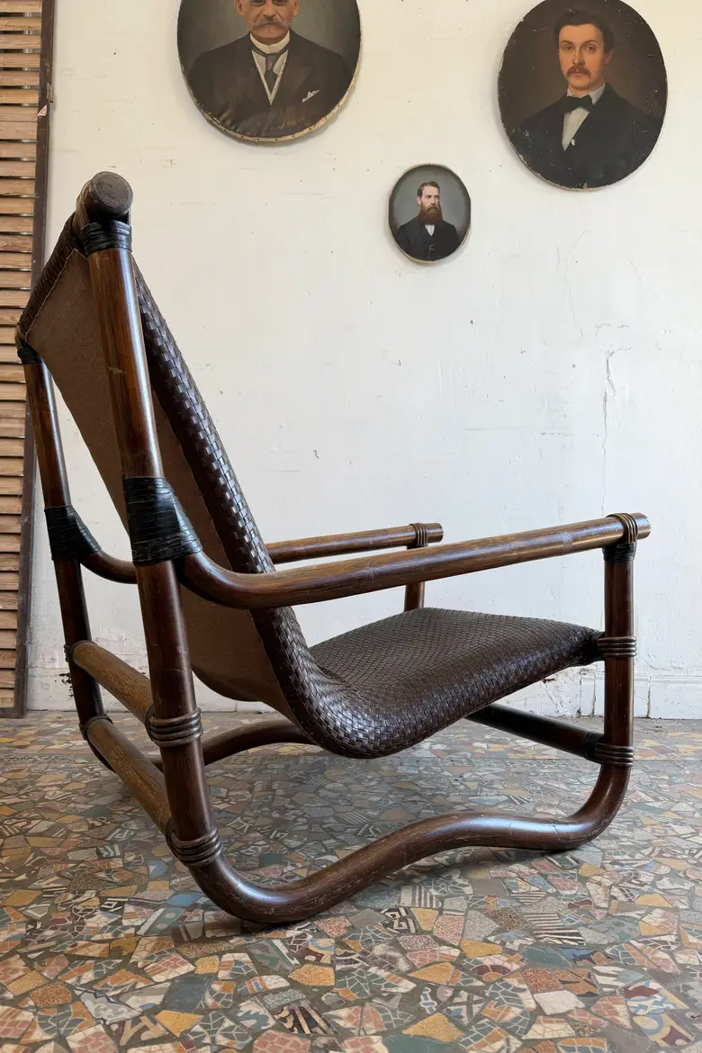 Fauteuil en bambou et cuir tressé – années 70