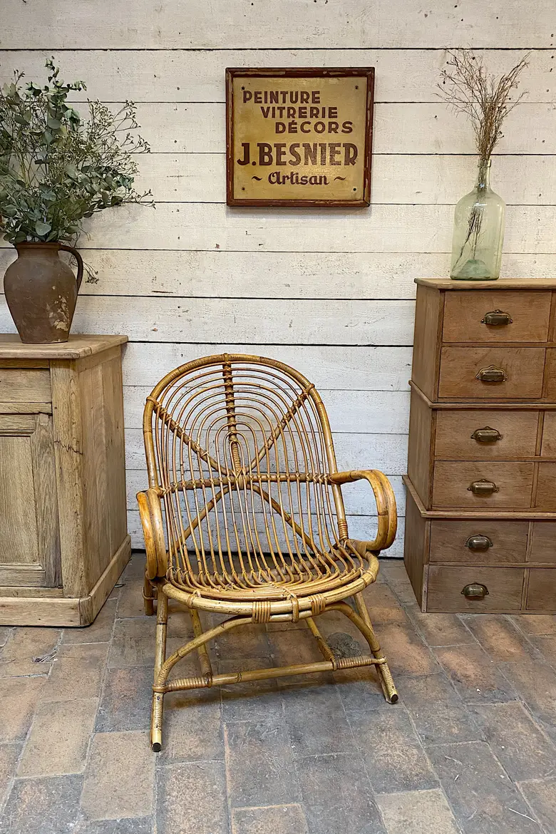 Fauteuil rotin vintage Années 60