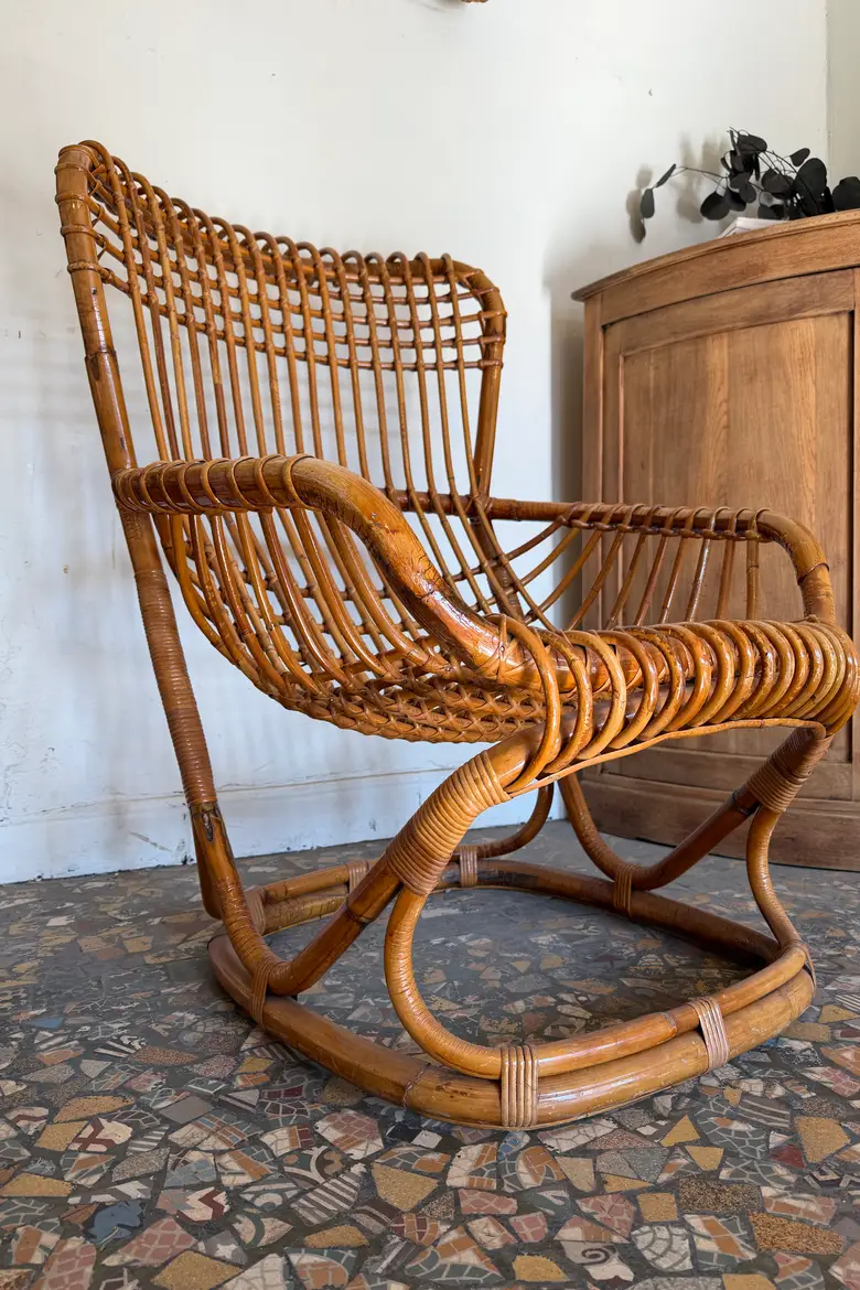 Fauteuil rotin vintage Tito Agnoli