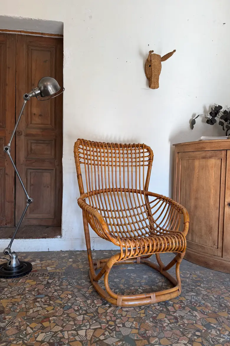 Fauteuil rotin vintage Tito Agnoli