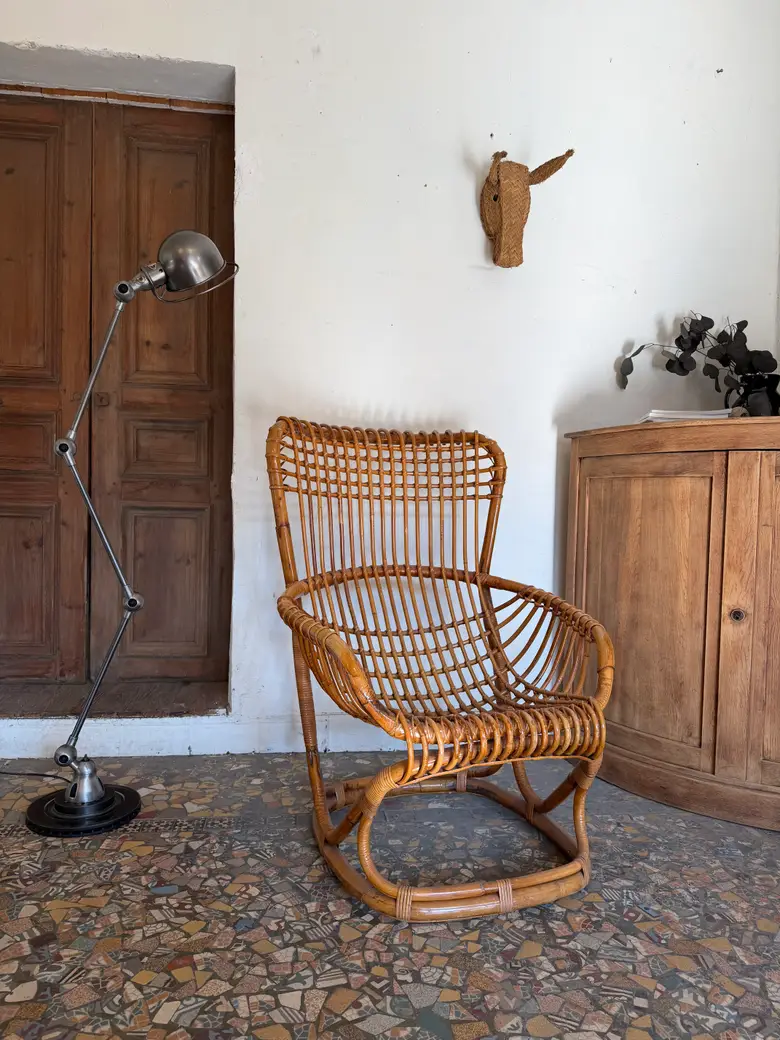 Fauteuil rotin vintage Tito Agnoli — Fauteuil rotin vintage Tito Agnoli