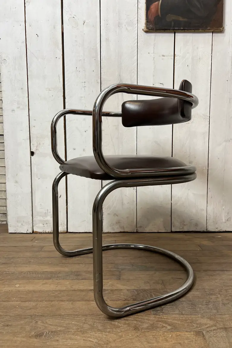 Fauteuil vintage en skaï marron - Années 70
