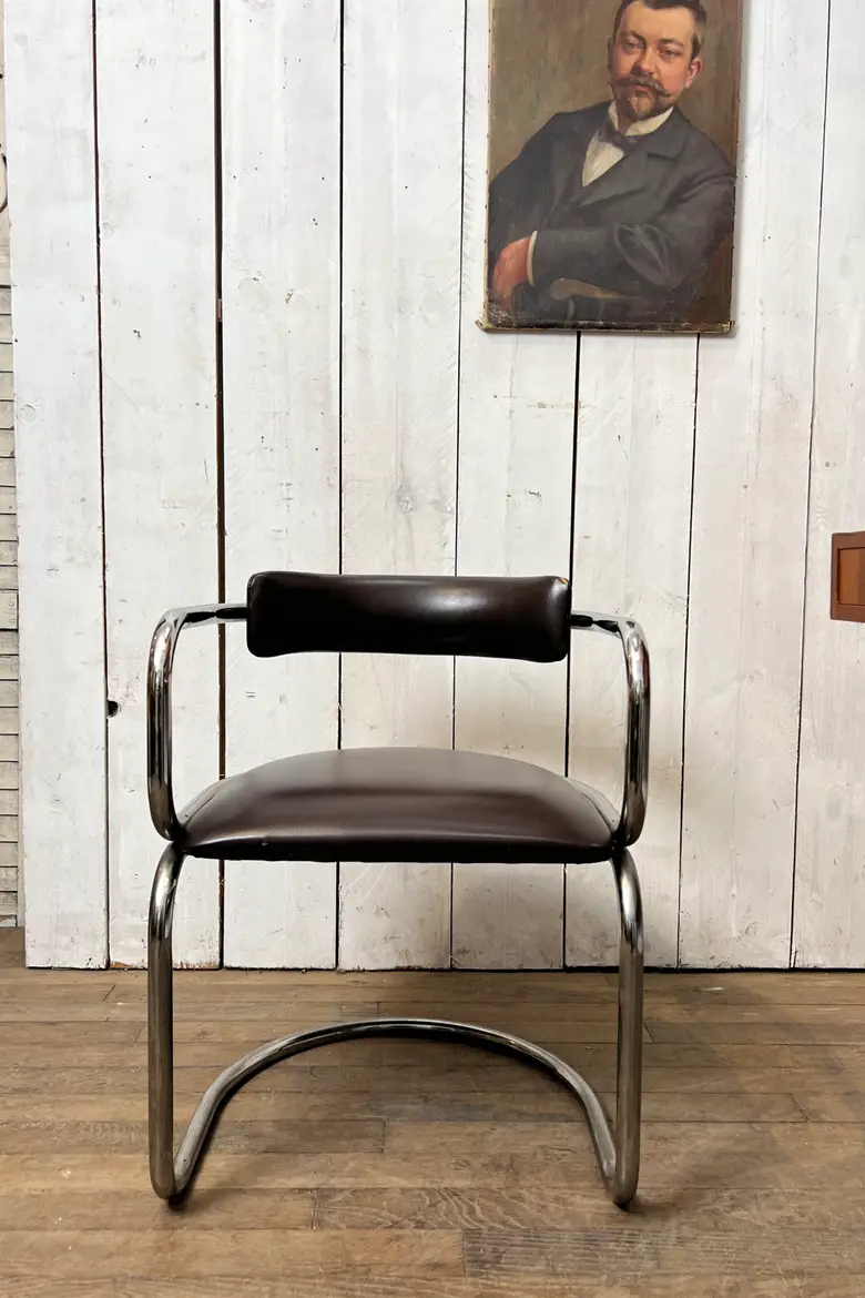 Fauteuil vintage en skaï marron - Années 70