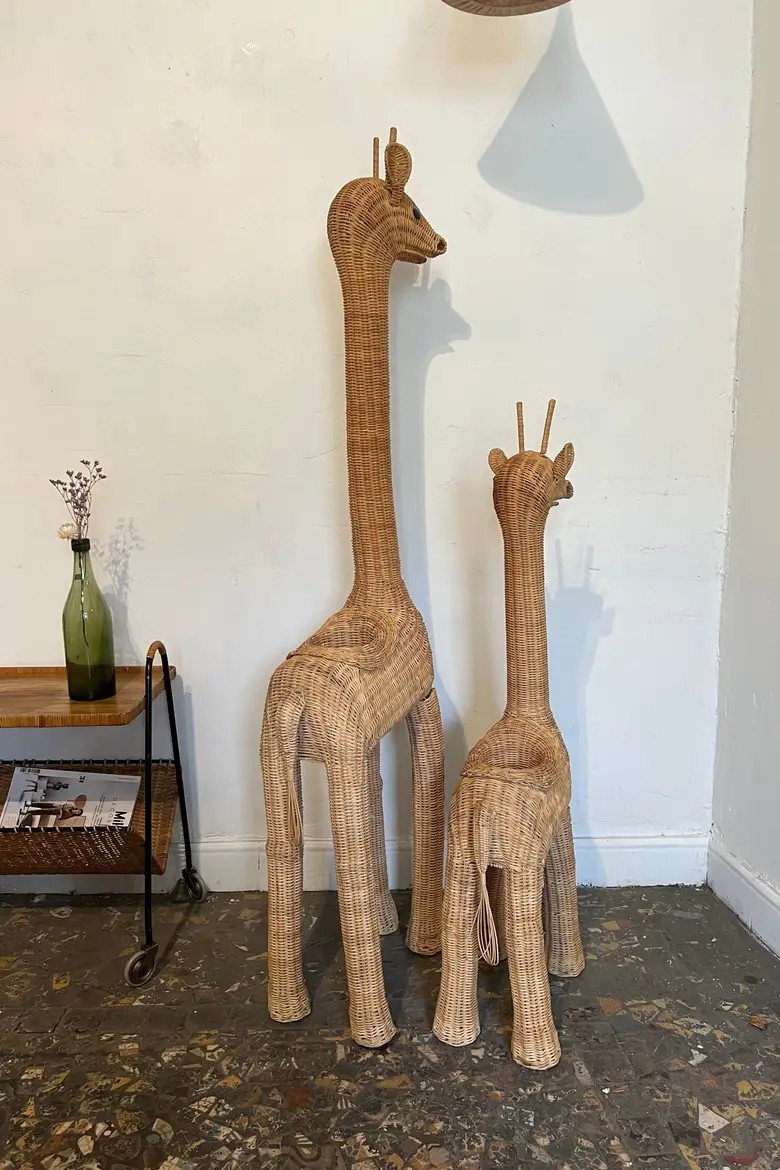Girafes vintage porte plante en osier Années 70
