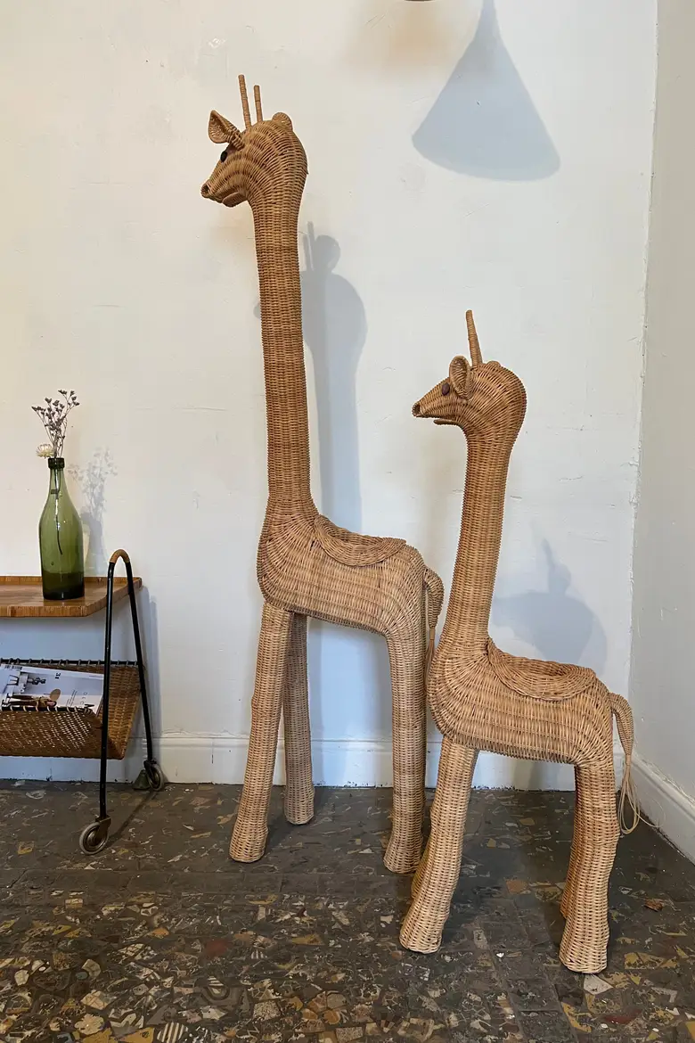 Girafes vintage porte plante en osier Années 70