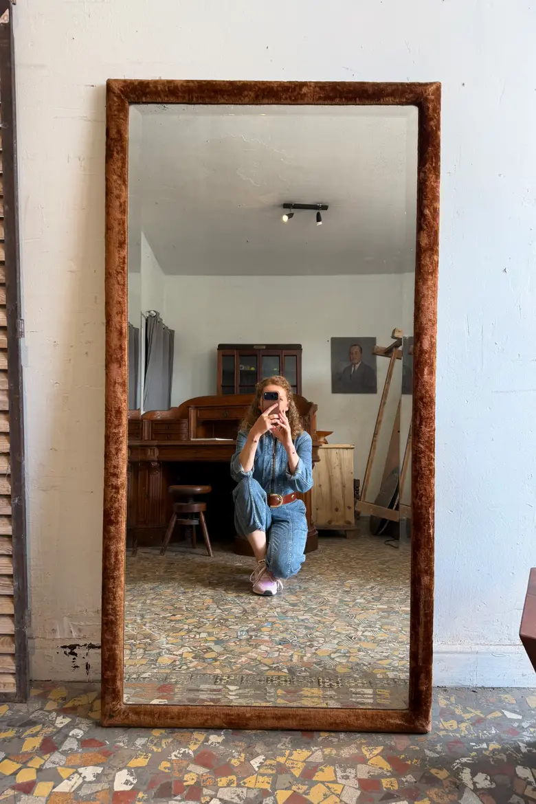 Grand miroir XIXe en velours d’origine
