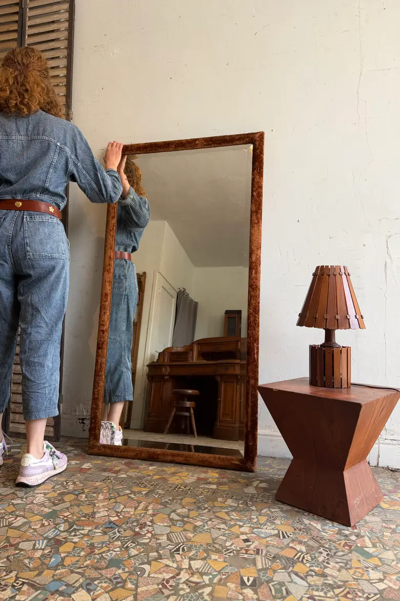 Grand miroir XIXe en velours d’origine
