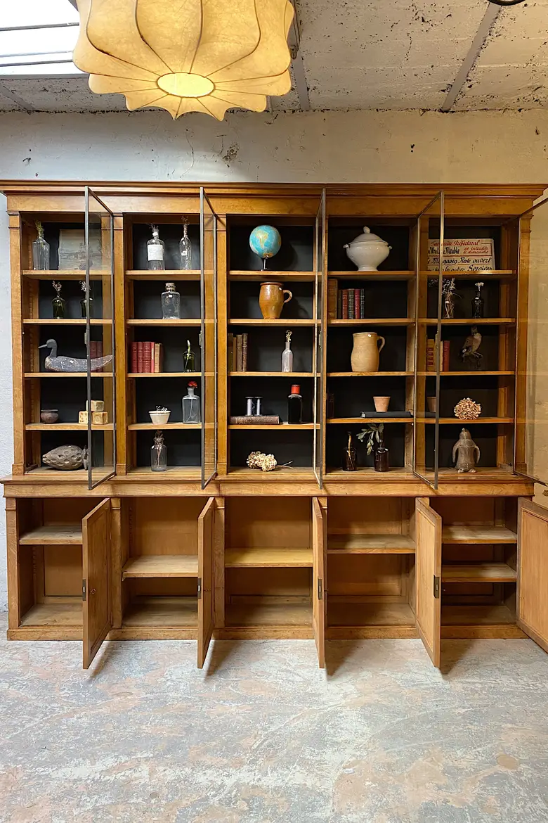 Grande vitrine de commerce en loupe de frêne Début XXème