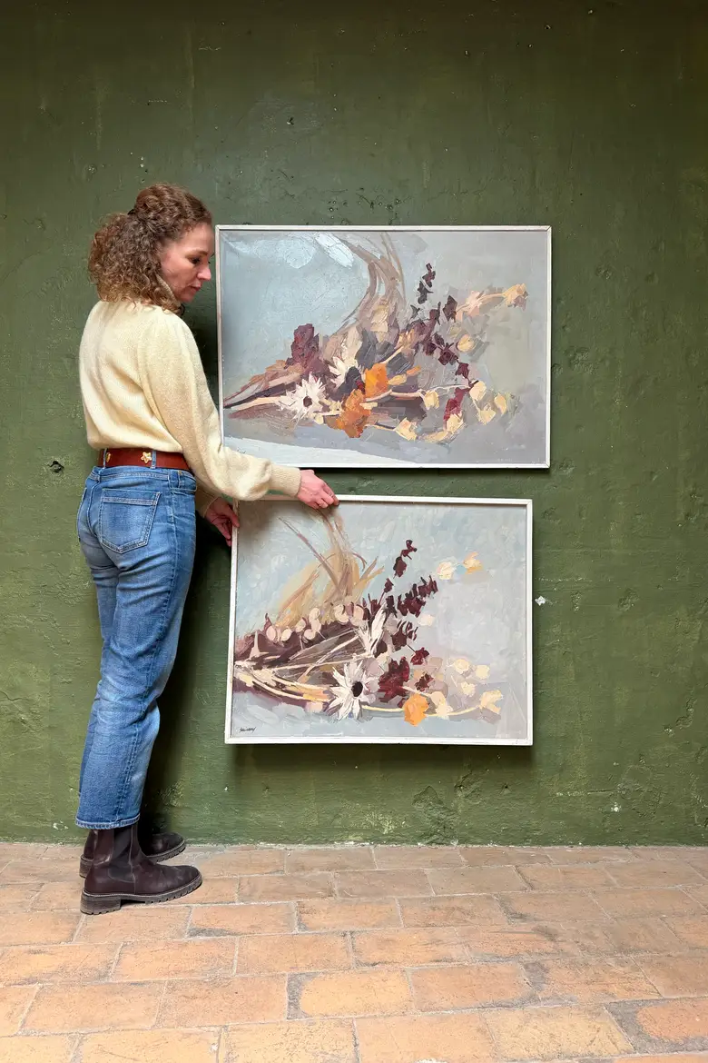 Huile sur toile René Guinand – “Fleurs et feuilles séchées couchées”, 1973