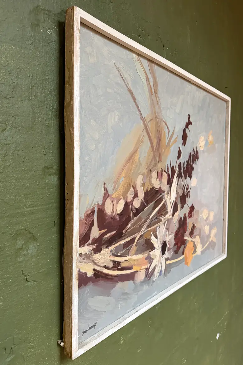 Huile sur toile René Guinand – “Fleurs et feuilles séchées couchées”, 1973