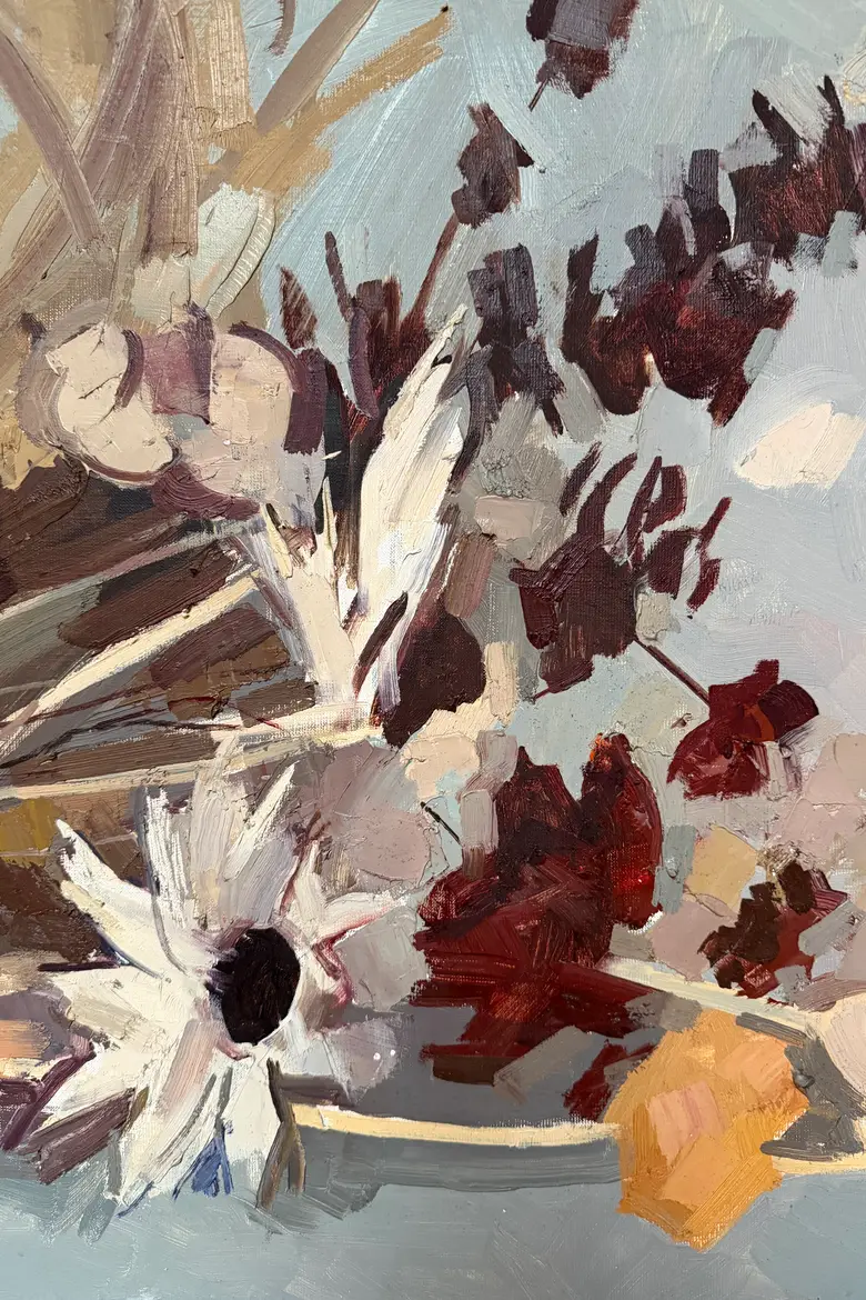 Huile sur toile René Guinand – “Fleurs et feuilles séchées couchées”, 1973