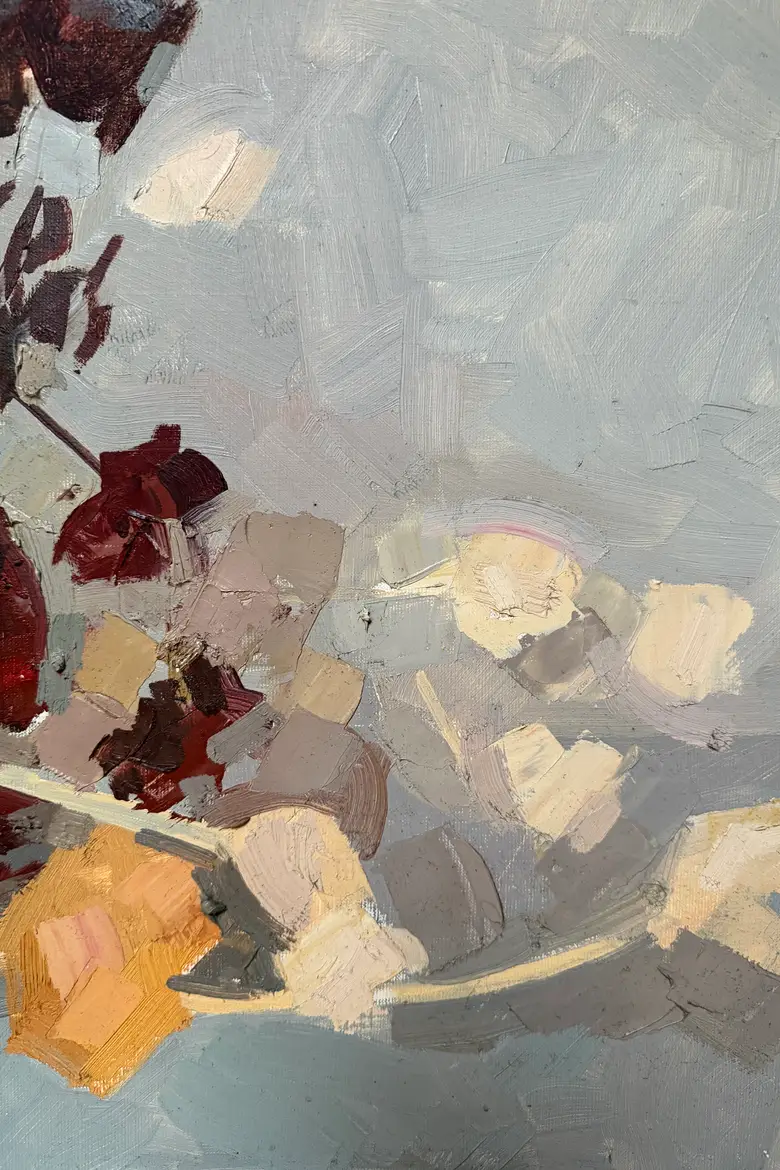 Huile sur toile René Guinand – “Fleurs et feuilles séchées couchées”, 1973