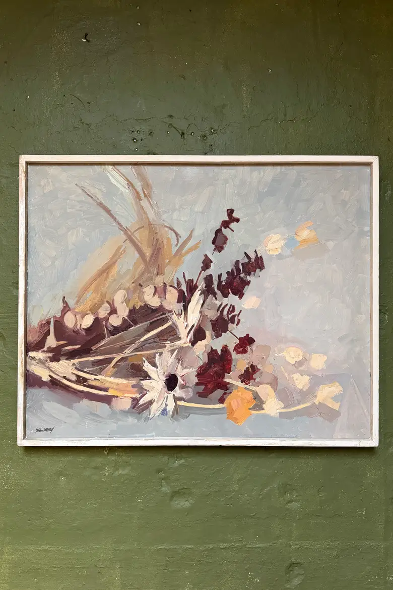 Huile sur toile René Guinand – “Fleurs et feuilles séchées couchées”, 1973
