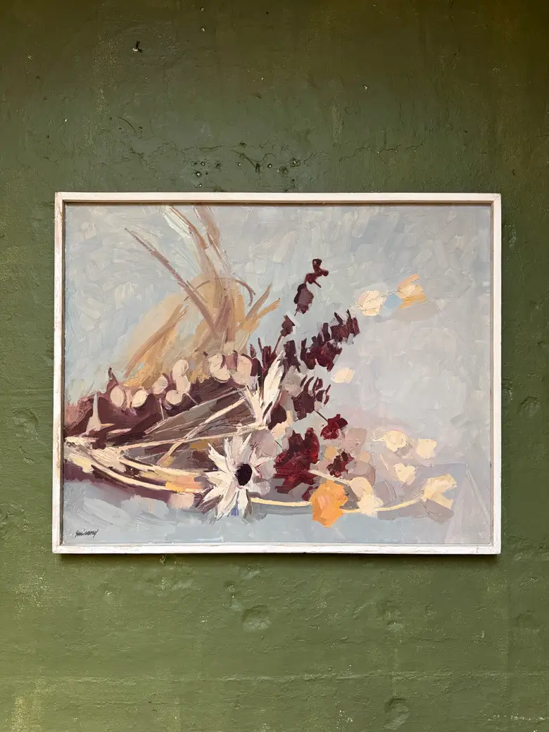 Huile sur toile René Guinand – “Fleurs et feuilles séchées couchées”, 1973