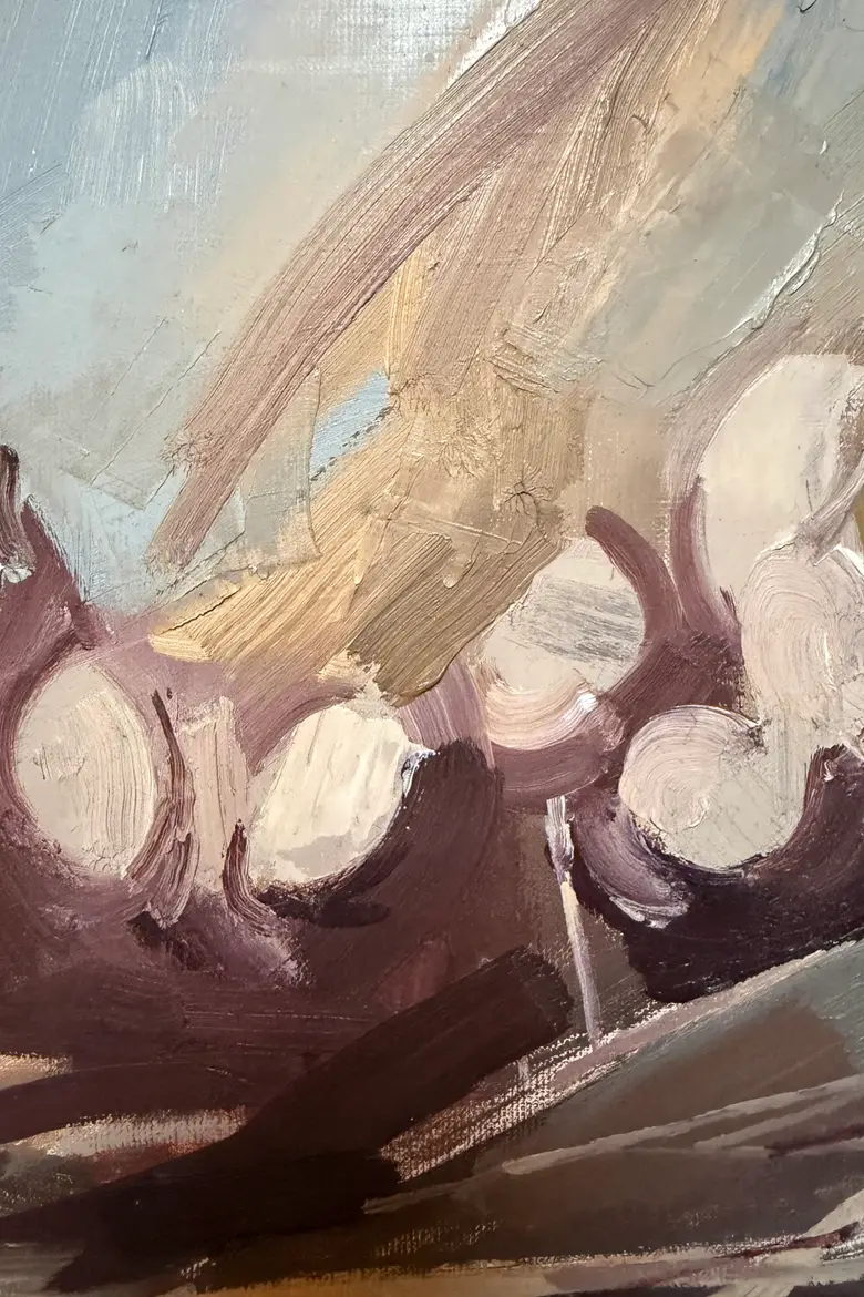 Huile sur toile René Guinand – “Fleurs et feuilles séchées couchées”, 1973