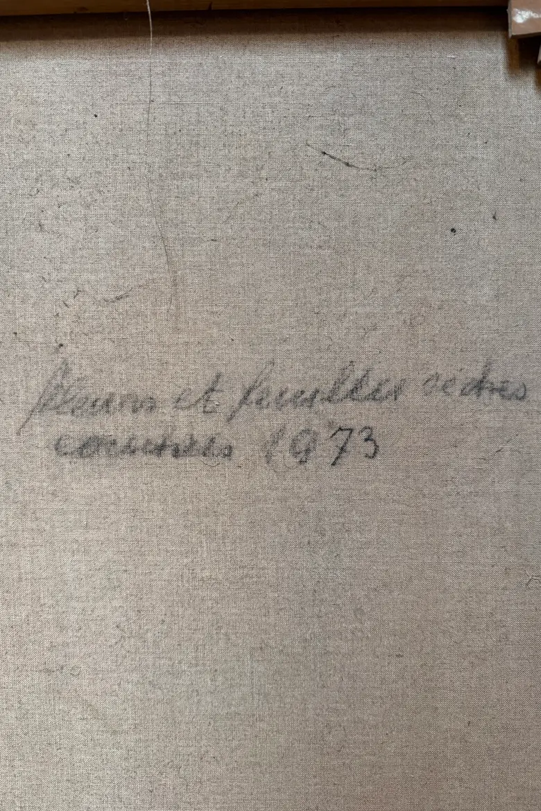 Huile sur toile René Guinand – “Fleurs et feuilles séchées couchées”, 1973