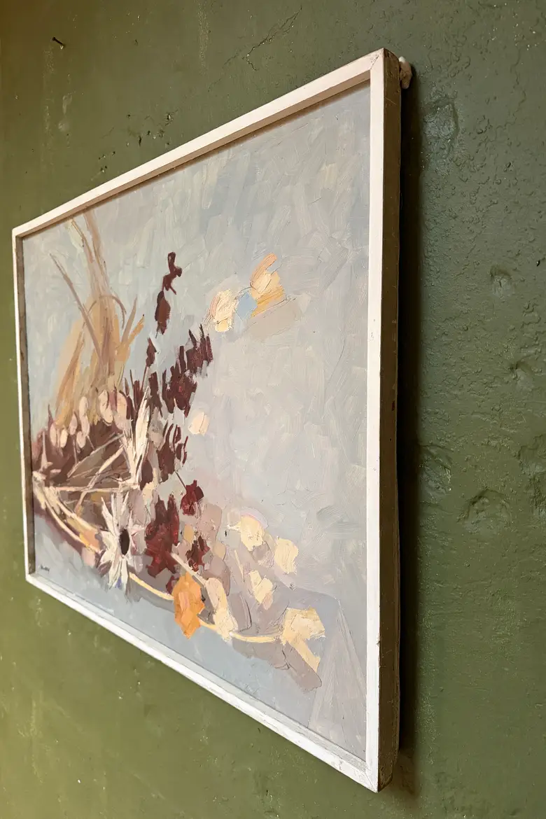 Huile sur toile René Guinand – “Fleurs et feuilles séchées couchées”, 1973