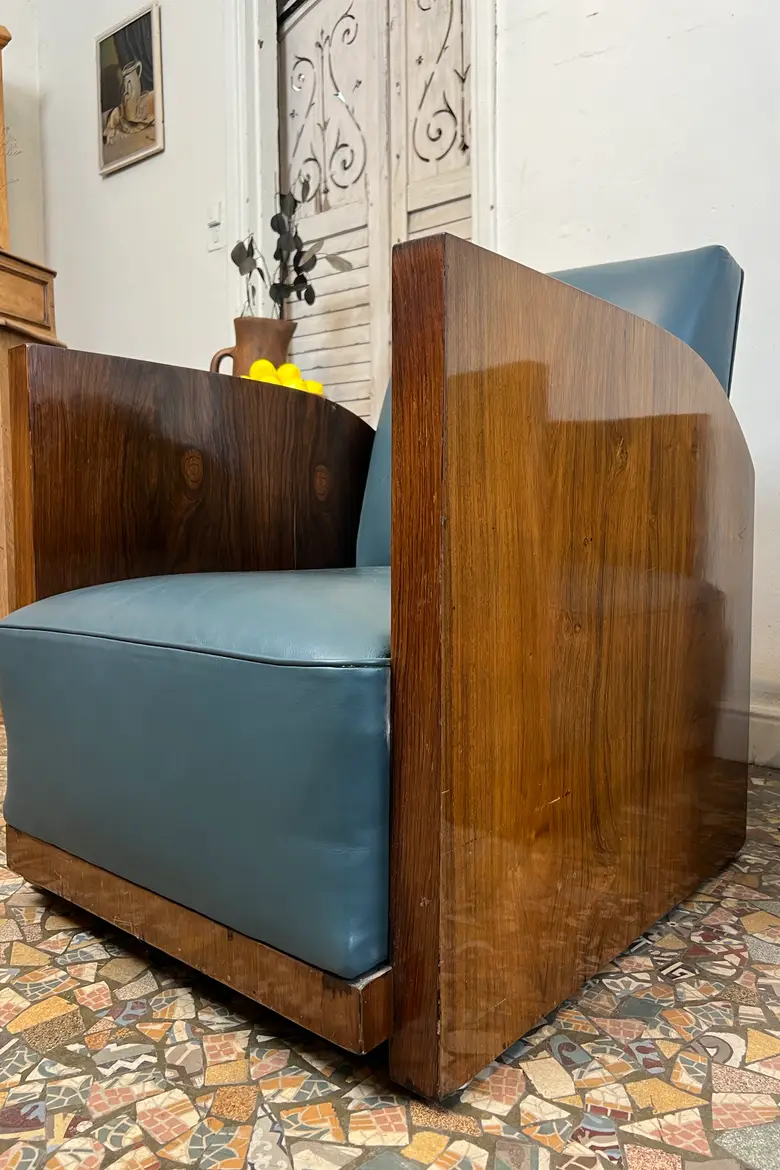 Paire de fauteuils Art Déco en cuir bleu
