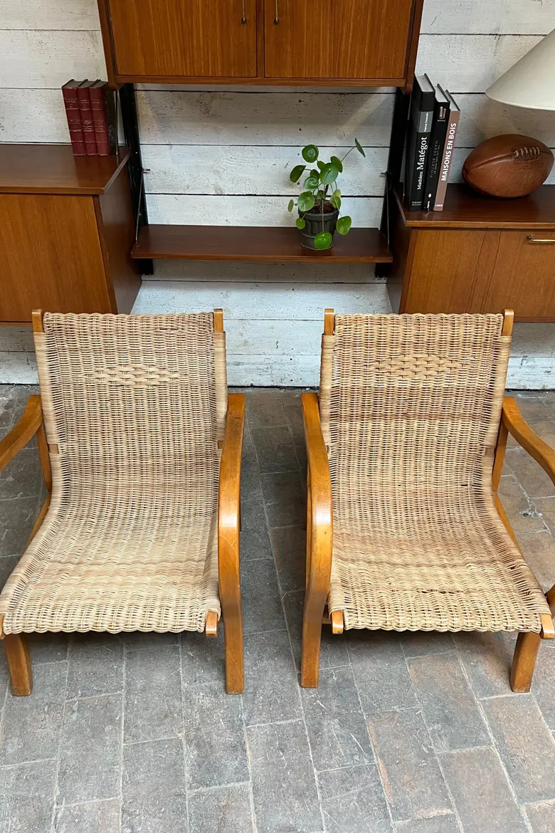 Paire de fauteuils vintage en osier Années 40