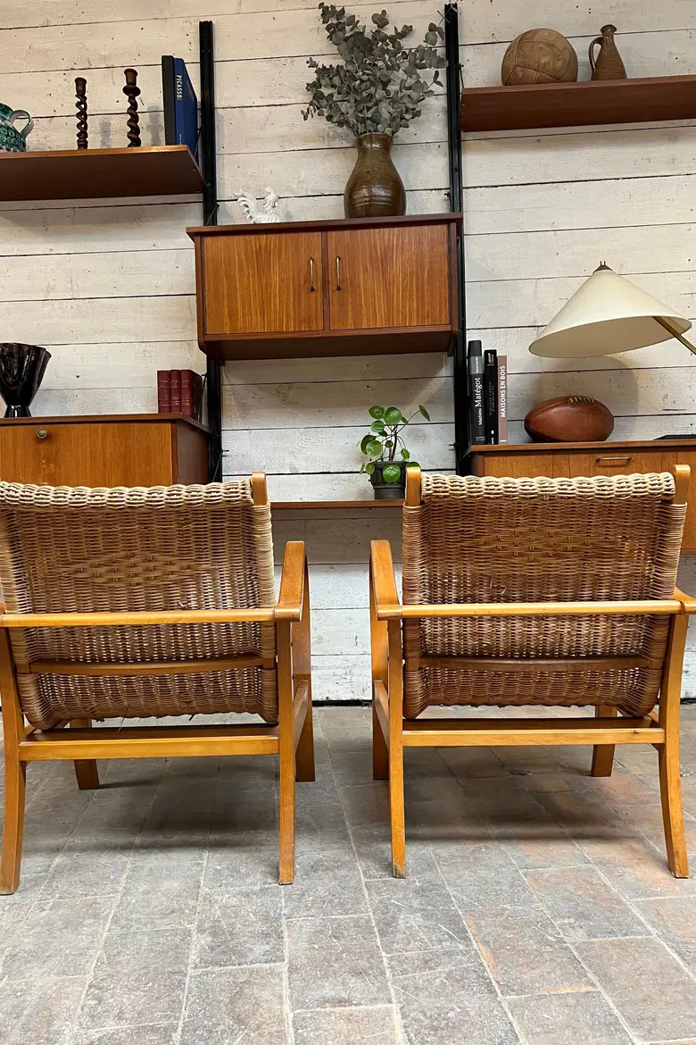 Paire de fauteuils vintage en osier Années 40
