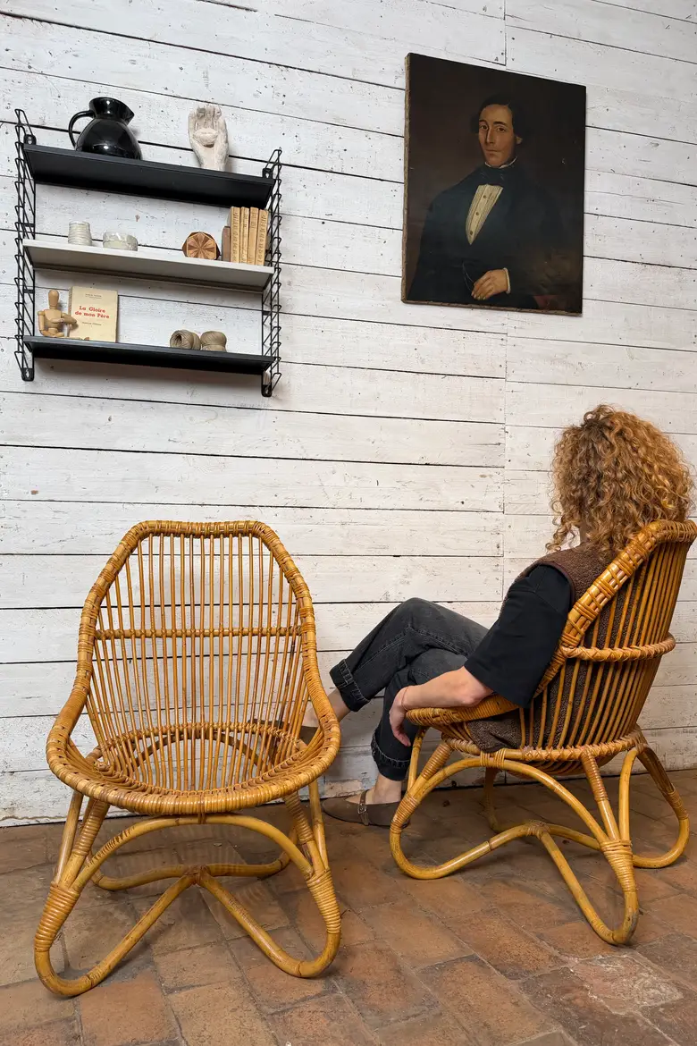 Paire de fauteuils vintage en rotin