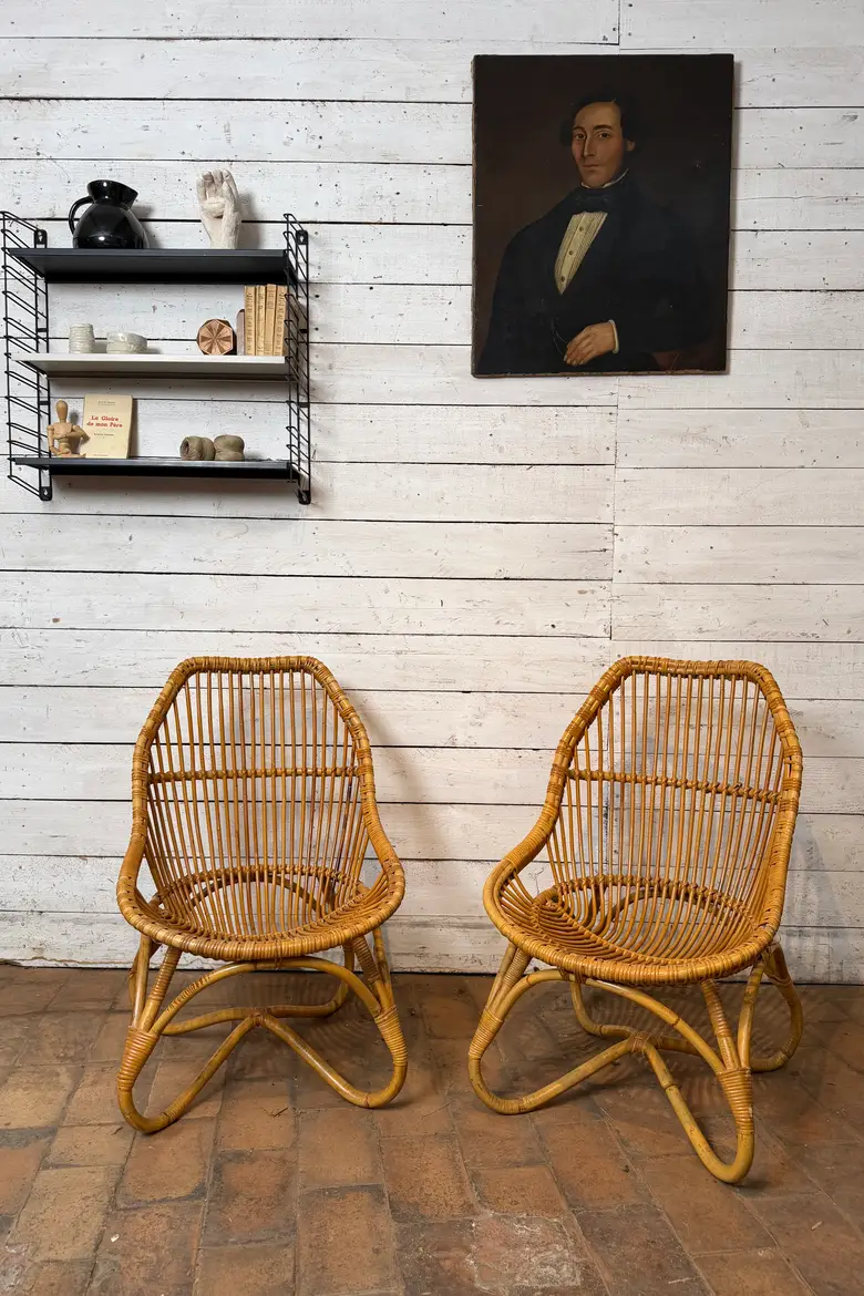 Paire de fauteuils vintage en rotin
