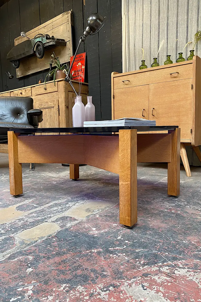 Table basse années 50 en verre et bois