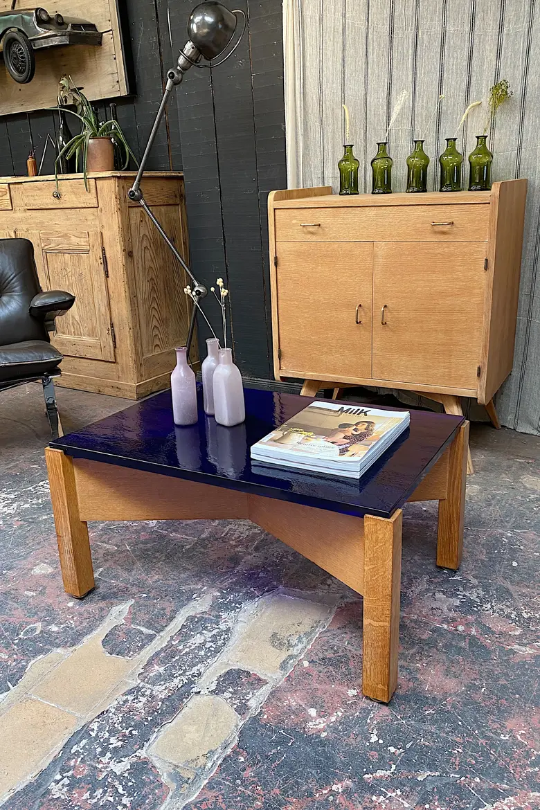 Table basse années 50 en verre et bois