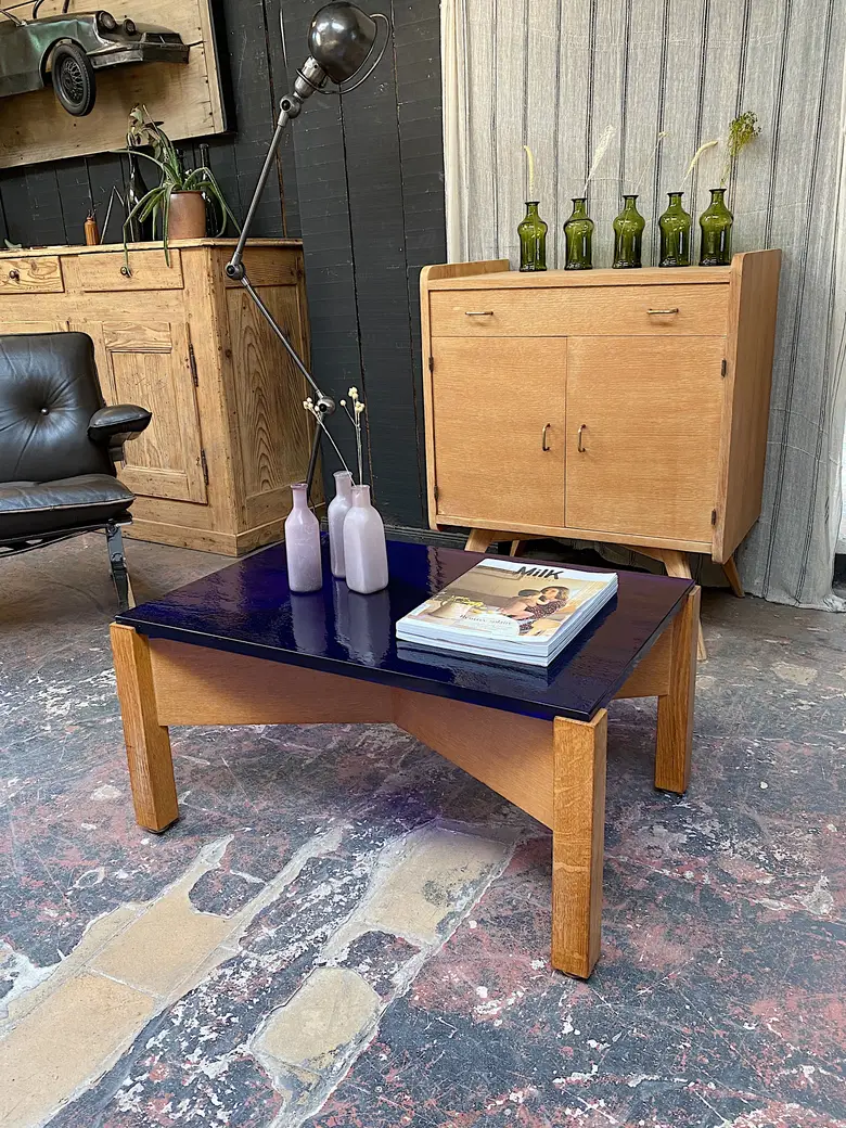 Table basse années 50 en verre et bois