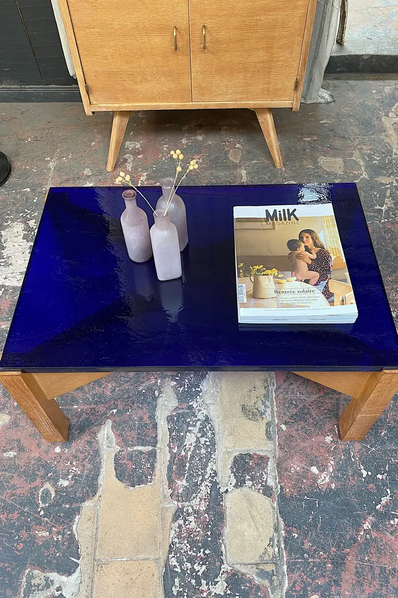 Table basse années 50 en verre et bois