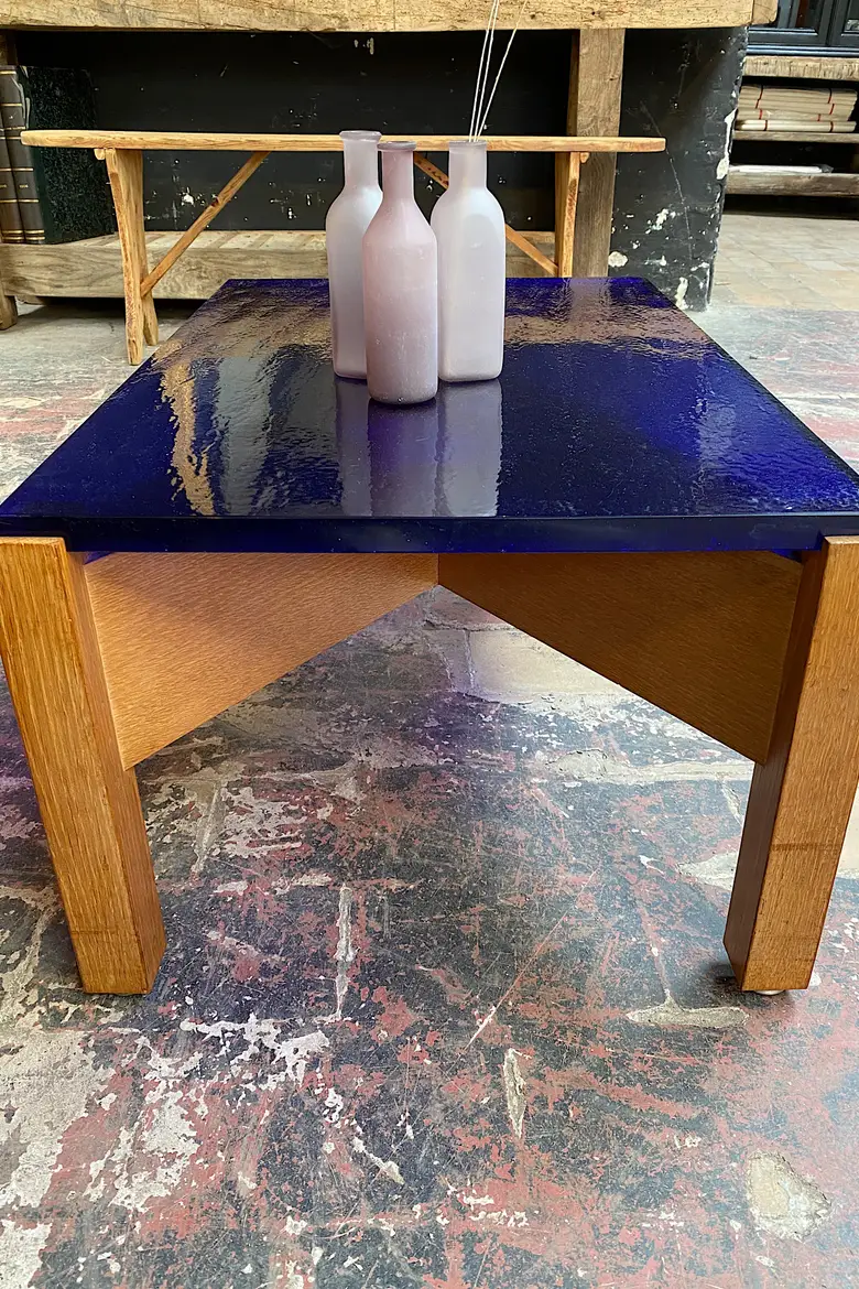 Table basse années 50 en verre et bois