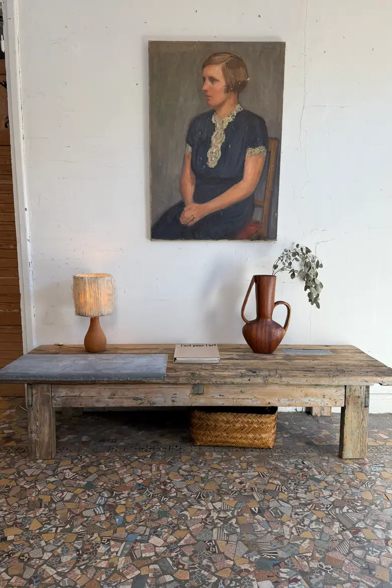 Table basse en sapin et zinc – XXe siècle