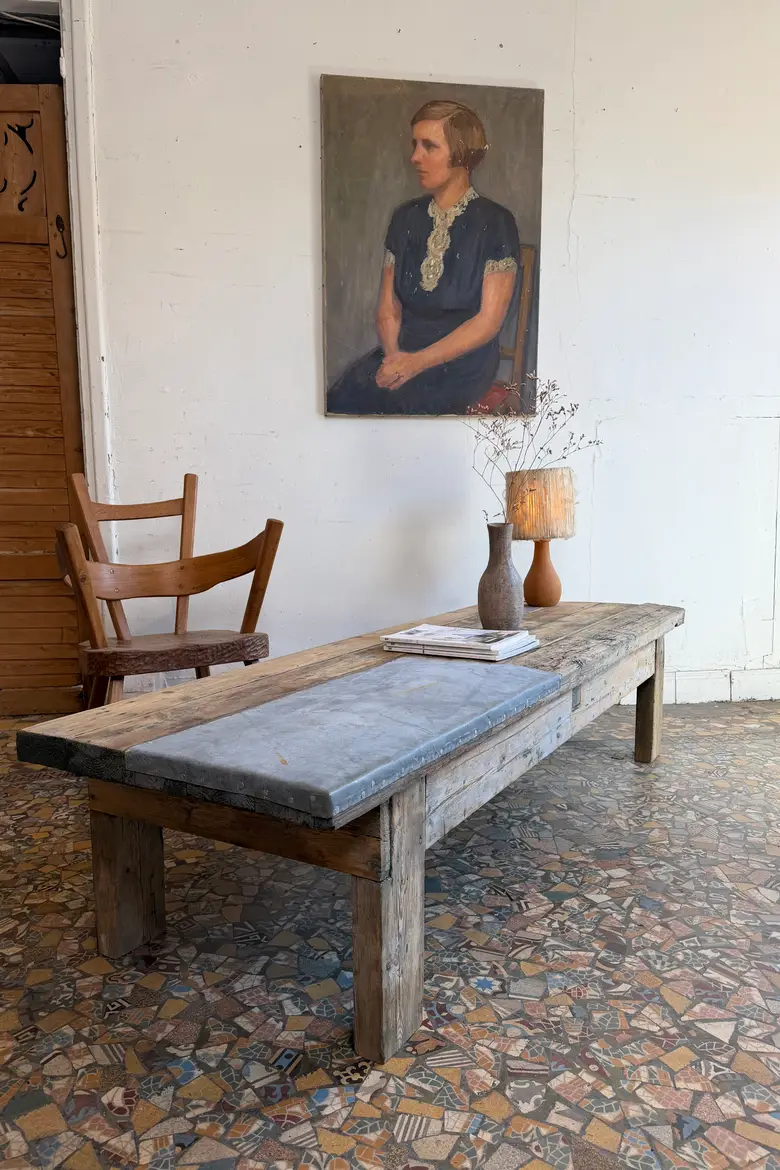 Table basse en sapin et zinc – XXe siècle
