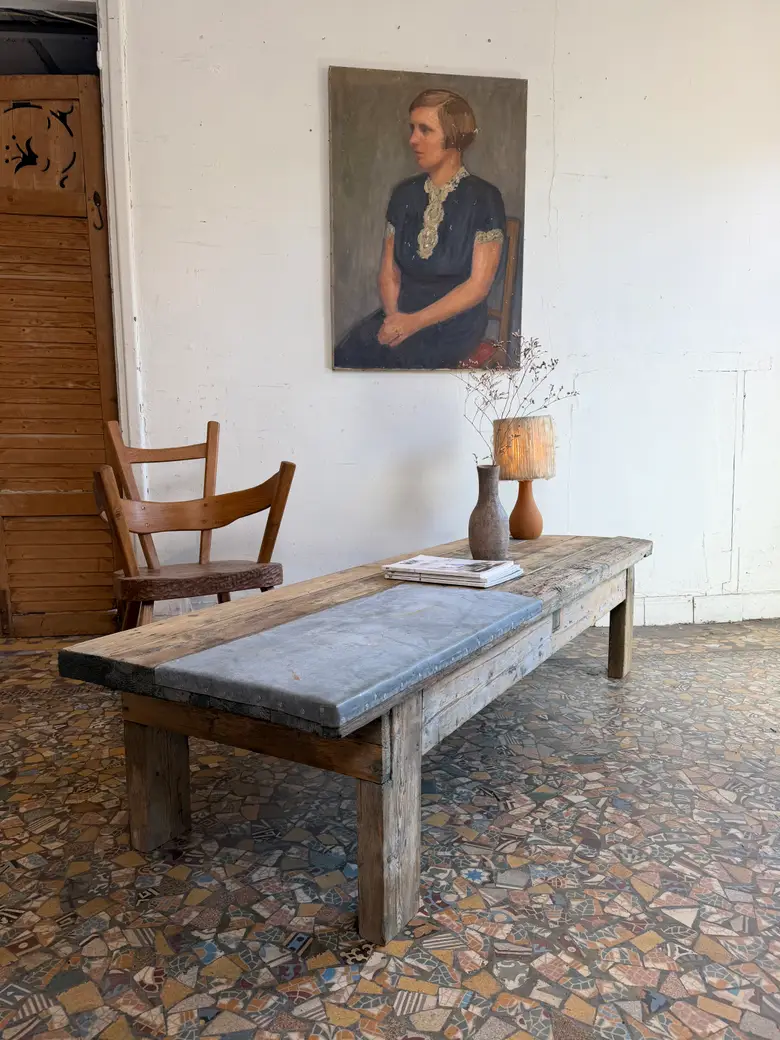 Table basse en sapin et zinc – XXe siècle