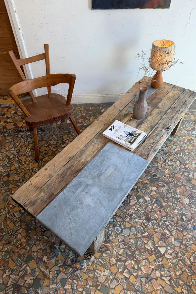 Table basse en sapin et zinc – XXe siècle