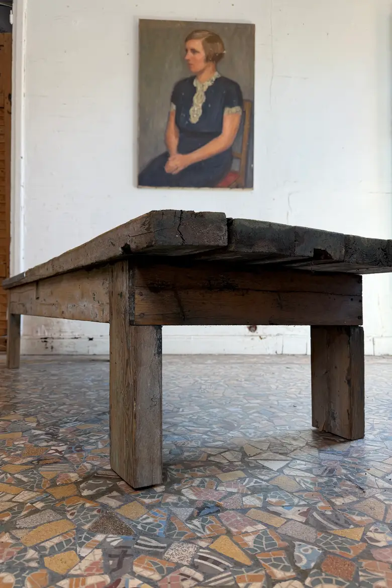 Table basse en sapin et zinc – XXe siècle