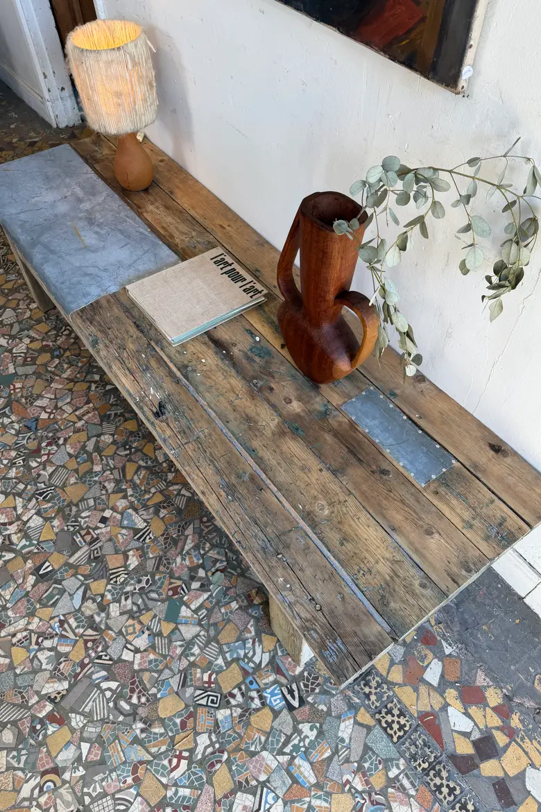 Table basse en sapin et zinc – XXe siècle