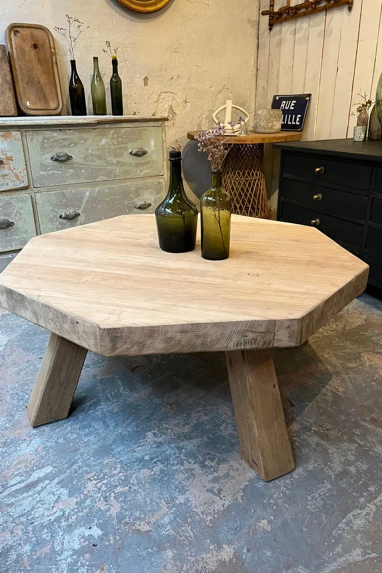 Table basse octogonale en chêne Années 60