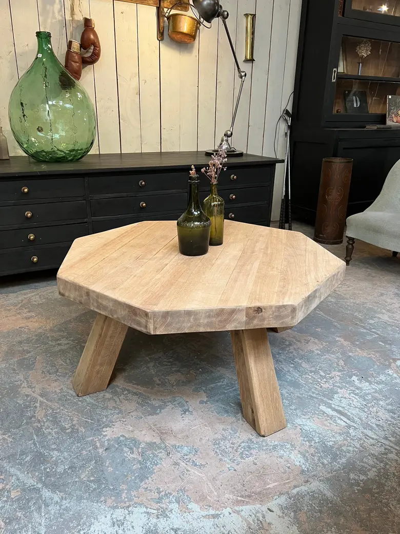 Table basse octogonale en chêne Années 60