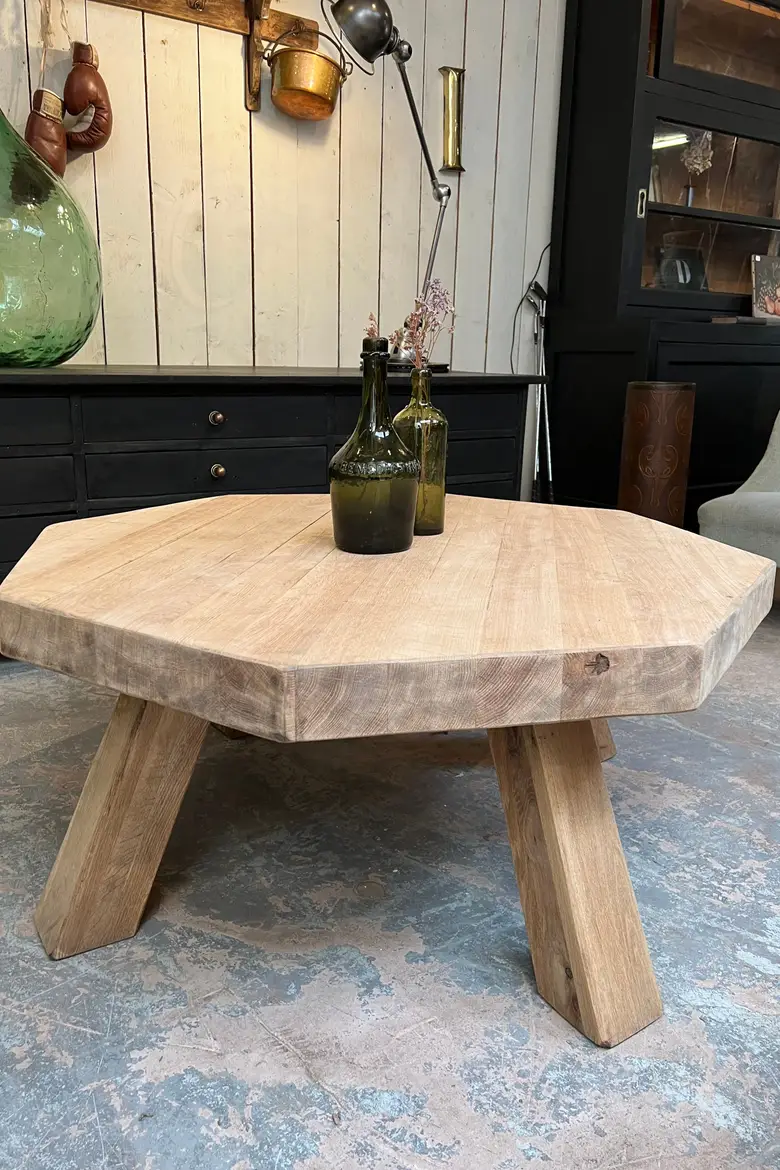 Table basse octogonale en chêne Années 60