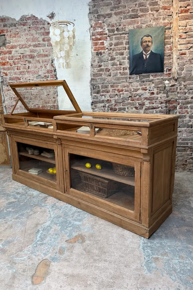 Vitrine de pharmacie en chêne – début XXe — Vitrine de pharmacie en chêne – début XXe
