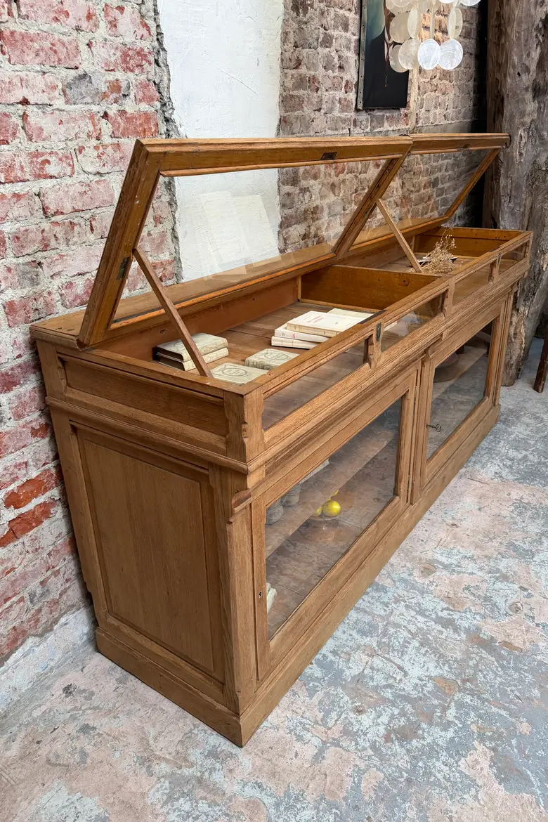 Vitrine de pharmacie en chêne – début XXe — Vitrine de pharmacie en chêne – début XXe