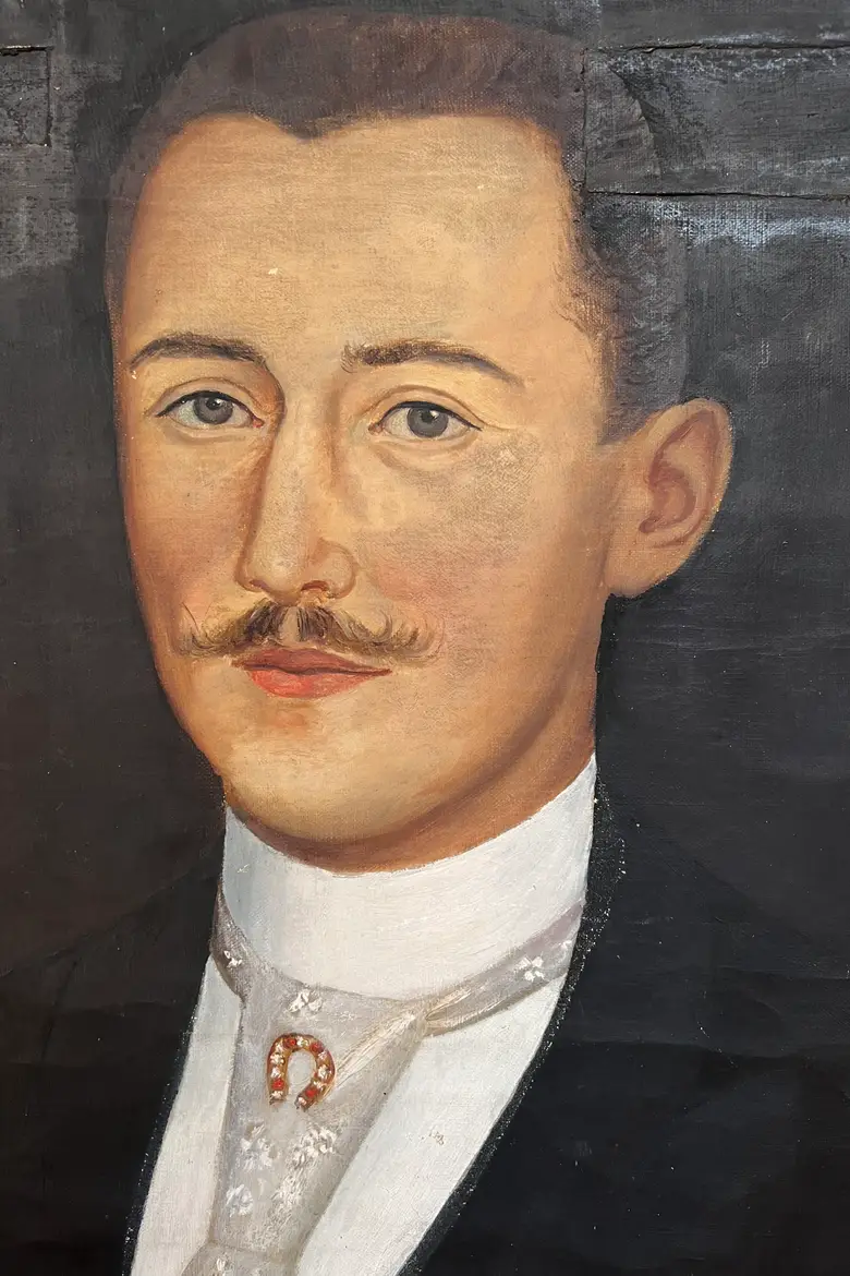 Ancien portrait de jockey sur toile Début XXème — Zoom sur le portrait